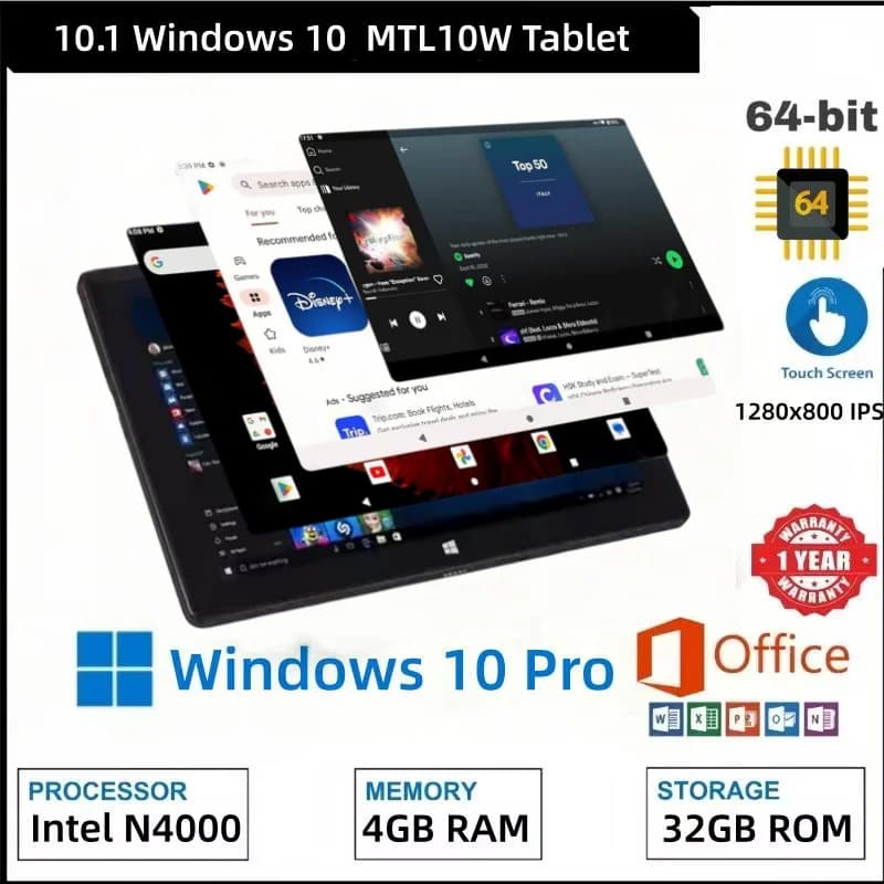 MTL10W 10.1" Windows 10 Tablet PC 4GB RAM 32GB ROM 1280x800 IPS 64-bit Intel Celeron N4000 CPU 1*USB 3.0 Port