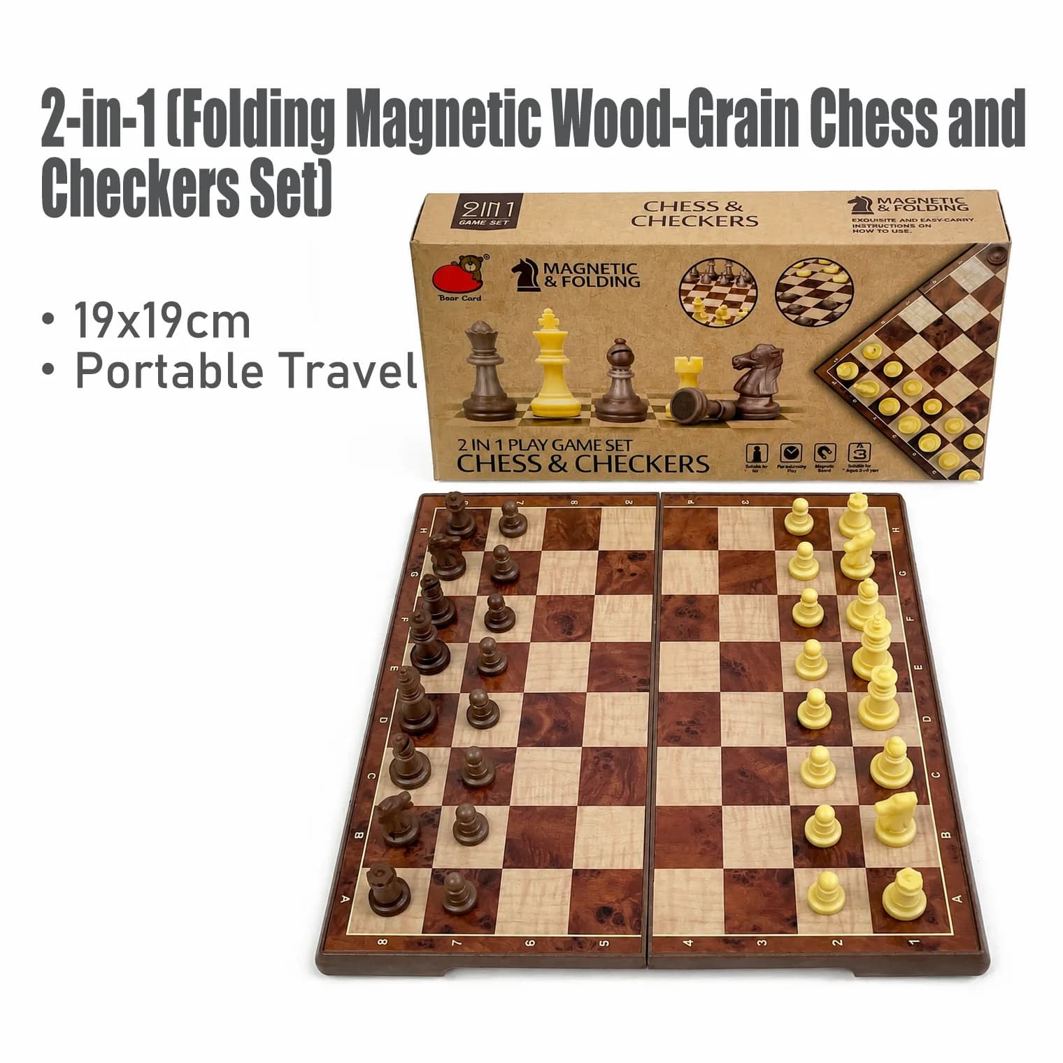 19x19cm 2 in 1 Folding Magnetic Wood Grain Chess Checkers Set Board Game Portable Travel Educational Puzzle Toy Gift