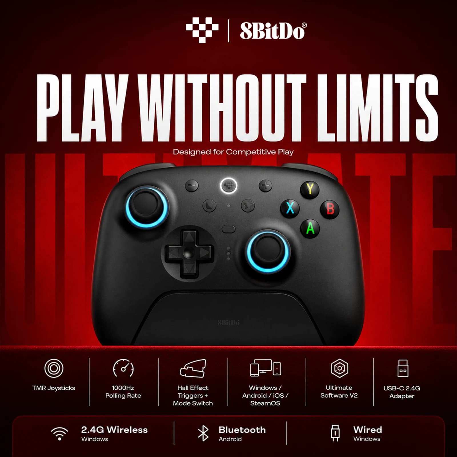8BitDo Nuovo controller Ultimate 2 wireless, joystick TMR e trigger ad effetto Hall con dock di ricarica per PC, Windows 10,11, Android