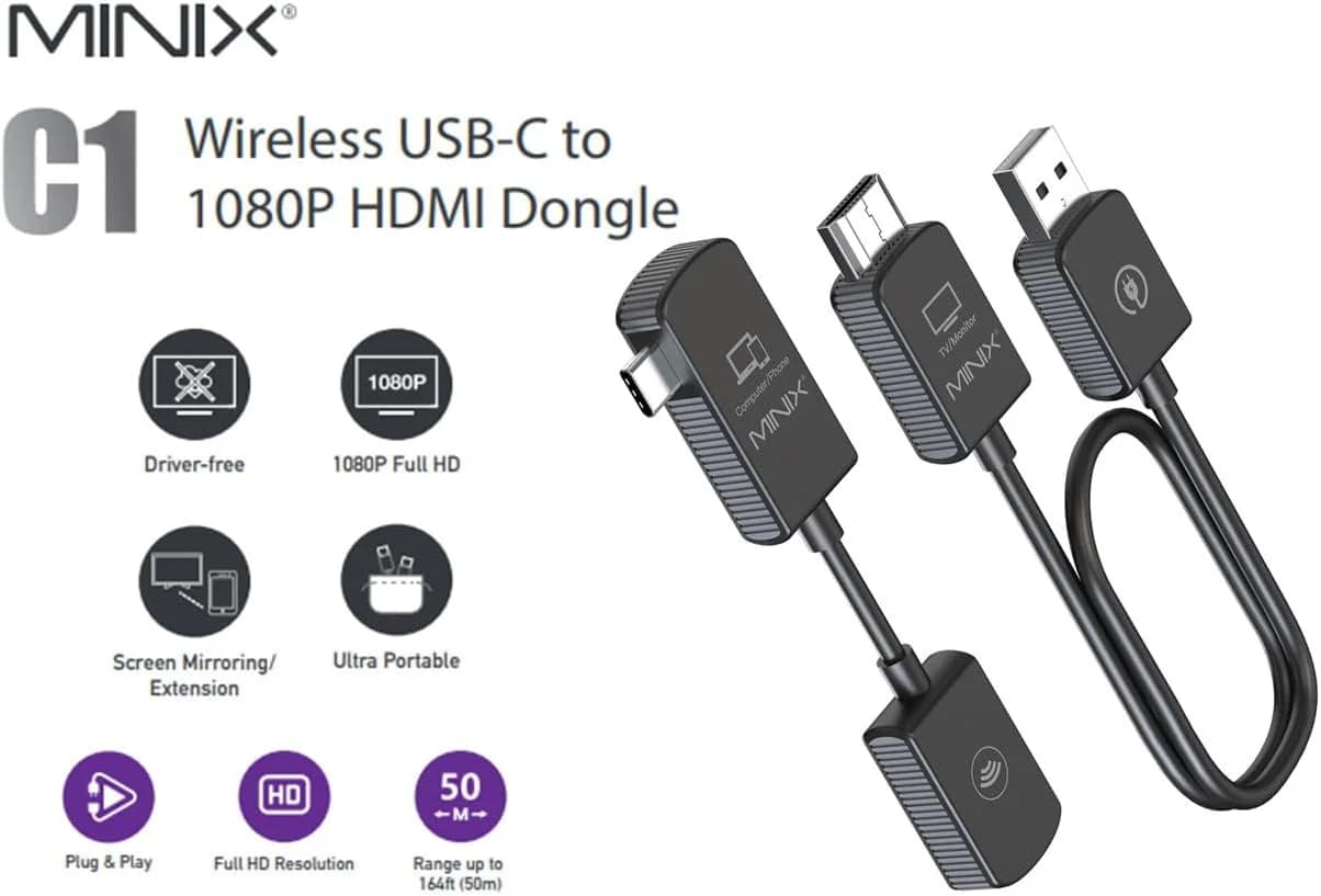 Adattatore video wireless MINIX C1 per iPhone, Android e laptop, dongle estensore dello schermo a HDMI TV/proiettore, portata 50m per MacBook