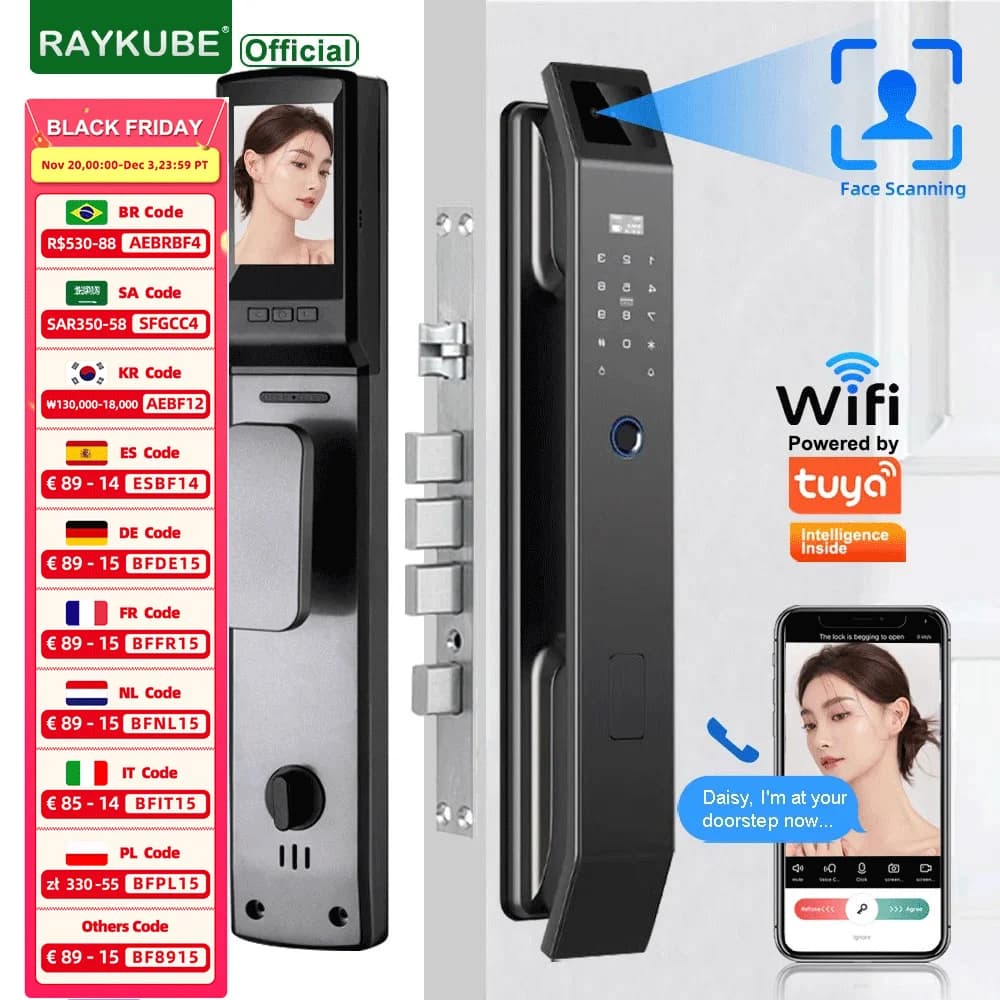 RAYKUBE DF14 Tuya WiFi 3D Riconoscimento facciale Blocco impronte digitali digitale con audio bidirezionale WiFi Telecamera Videochiamata APP Sblocco remoto