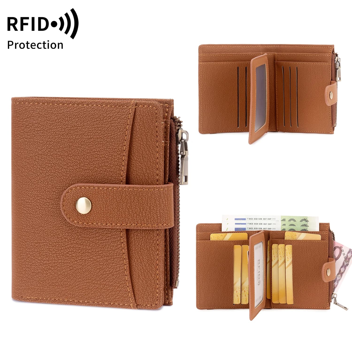 Portafoglio da donna con blocco RFID, portamonete corto e portatile con cerniera, porta carte in resistente pelle PU per viaggi e uso quotidiano.