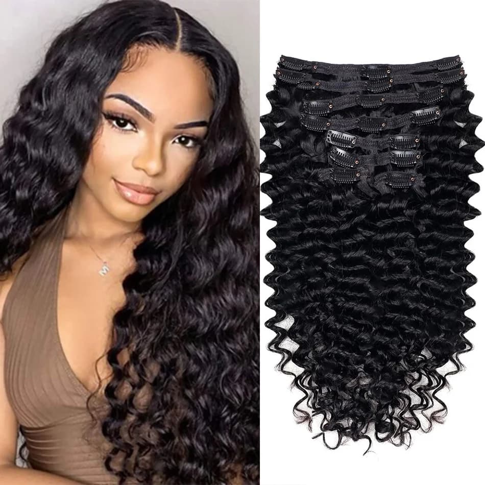 Clip In Deep Wave Human Hair Extensions Loose Deep Clips In Extension Brazilian Clip on Curly #1B Hair Extension 120g/8pcs