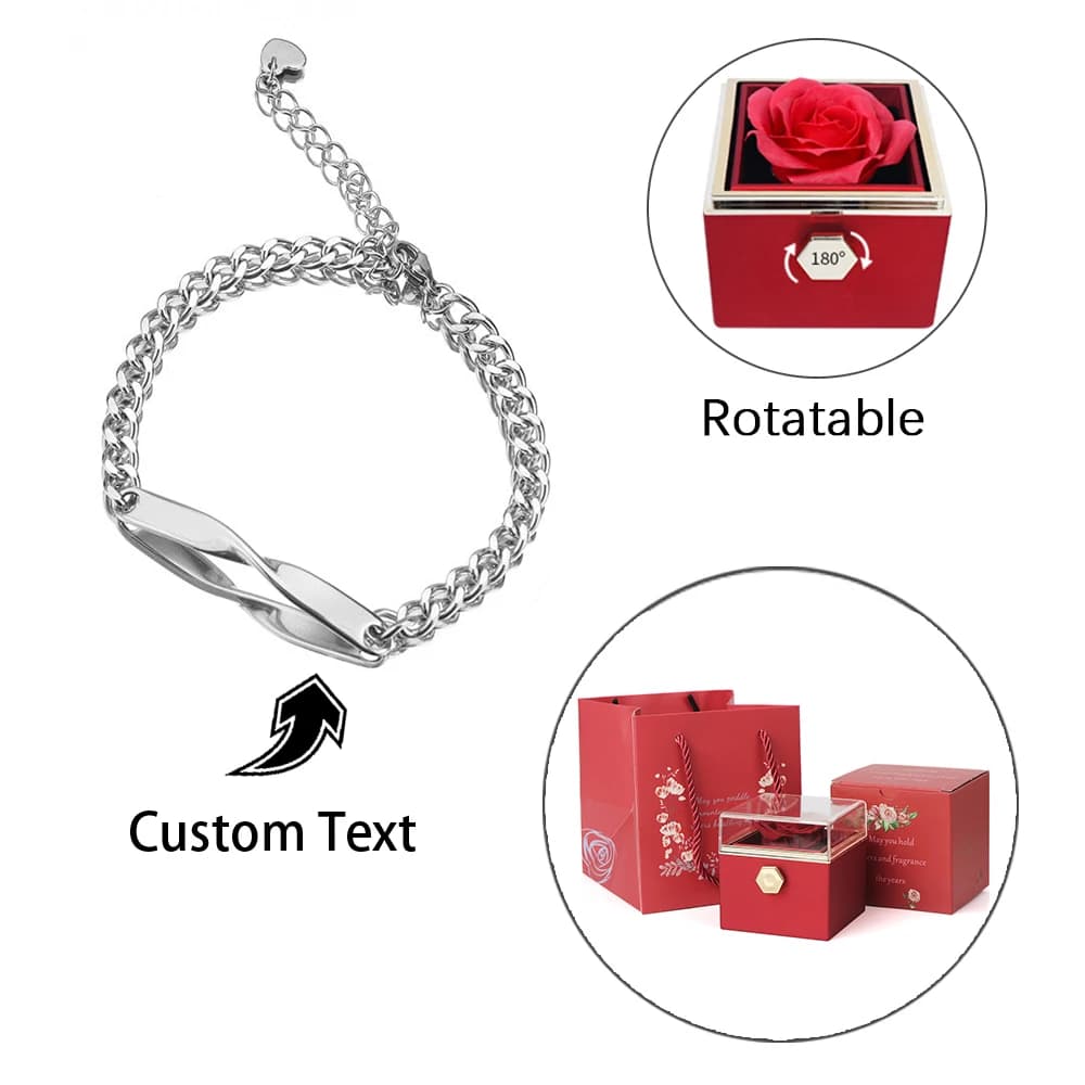 SET BRACCIALETTO INFINITY inciso con scatola di rose rotante Bracciale con nome inciso al laser Regalo di San Valentino per gioielli migliore amico