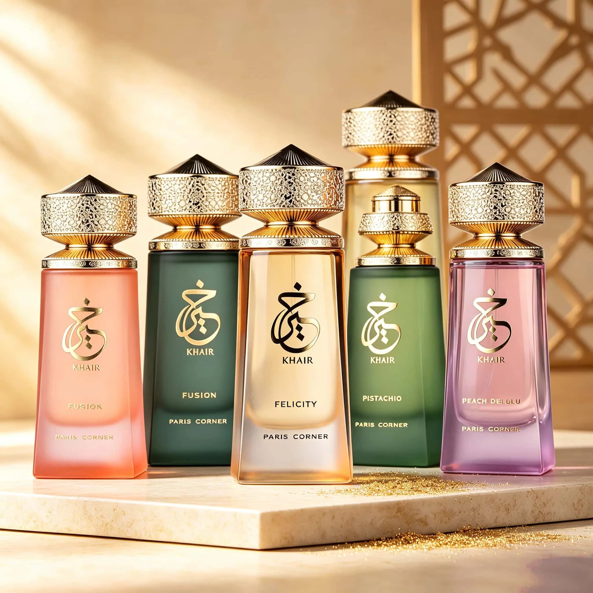 Paris Corner Khair Collection – 5 Eau de Parfum Variants (3.4 oz / 100 ml). Long-lasting fragrance (10–12 hours). Notes include Peach, Pistachio, Woody, and FloralFruity accords. Features an elegant bottle with an intricate gold pyramidshaped cap. Affor