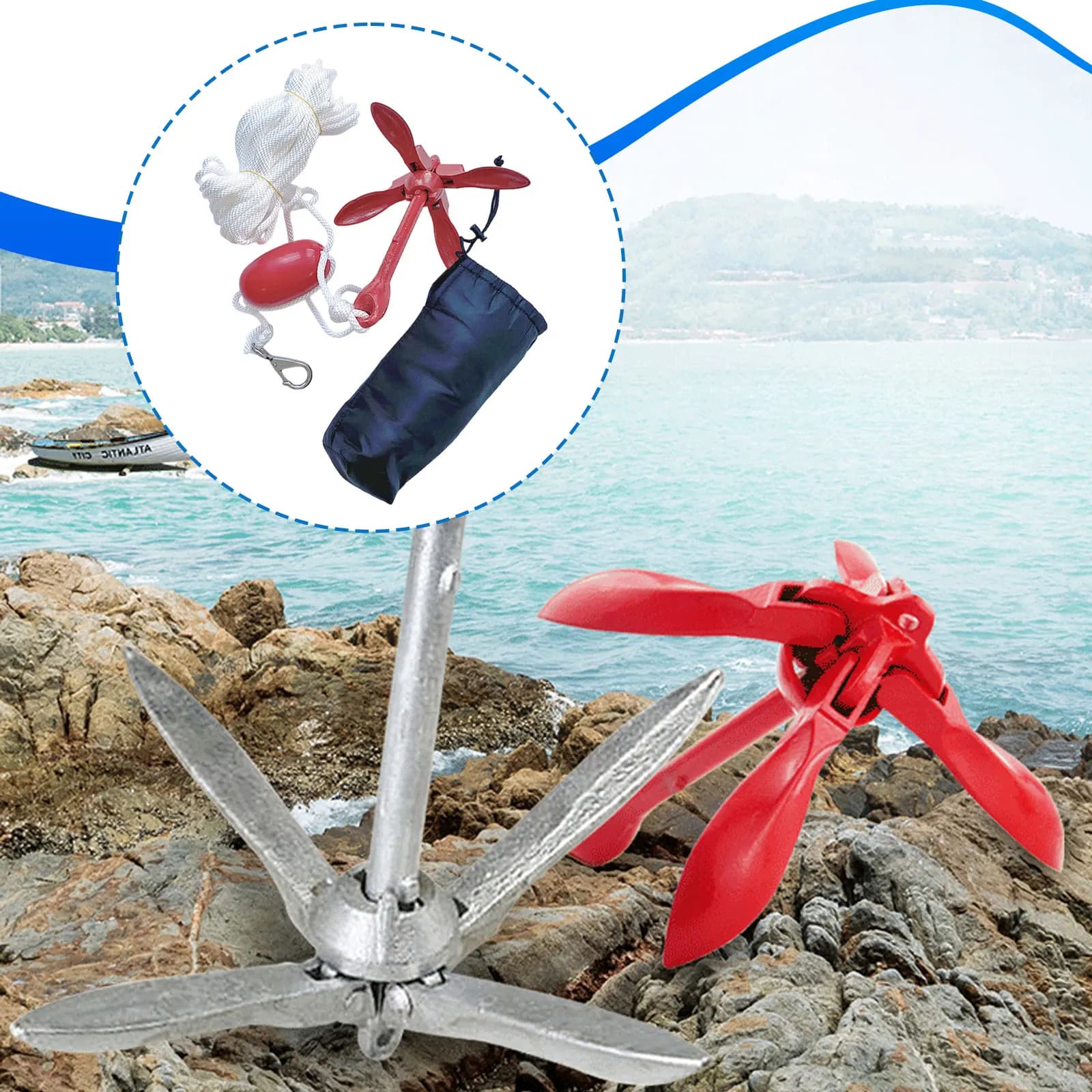 Ancora Pieghevole per Barca e Kayak, Kit Portatile Professionale Premium con Corda, Facile da Usare per Barche, Kayak e Attività Acquatiche