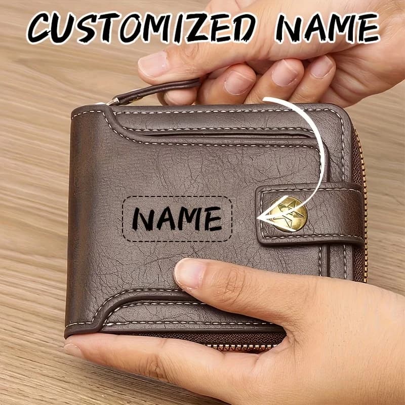 Portafoglio da uomo in PU con nome personalizzato, custodia compatta per carte con cerniera e texture metallica, tasca portamonete, regalo personalizzato, accessorio di moda per tutti i giorni