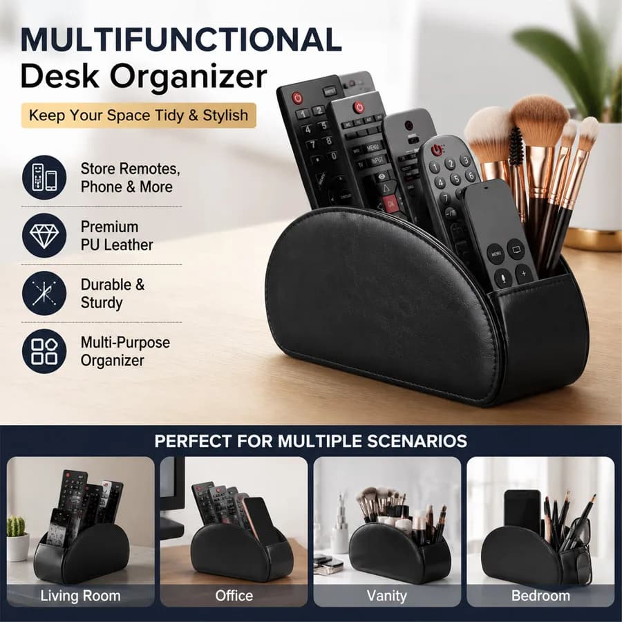 1Pc 5 Grid PU Leather Desktop Organizer, Remote Control Phone Storage Box Makeup Brush Holder for Home Office Desk