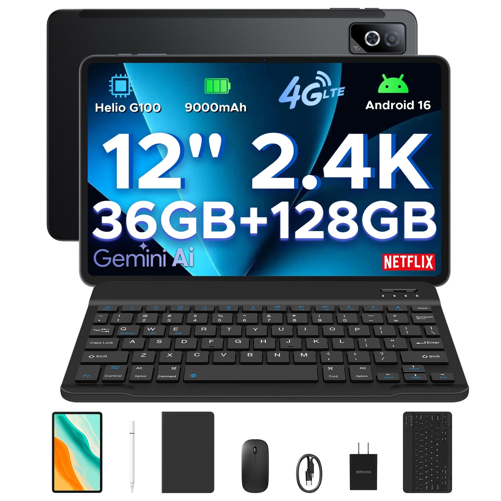Tablet DOOGEE Tab G6 Pro da 12 pollici, Android 16, corpo in metallo ultra-sottile da 7,5 mm, batteria da 9000 mAh, display 2.4K a 90Hz, 36GB di RAM + 128GB di ROM, processore Helio G100 Octa-Core, doppio altoparlante, Tablet PC.