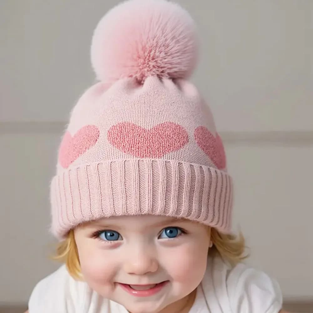 0-1Y Baby Pom-Pom Beanie, Black Hat, Cozy Knit Winter Warm Heart Cute Hat for Kids, Outdoor Accessory, Winter Baby Hat