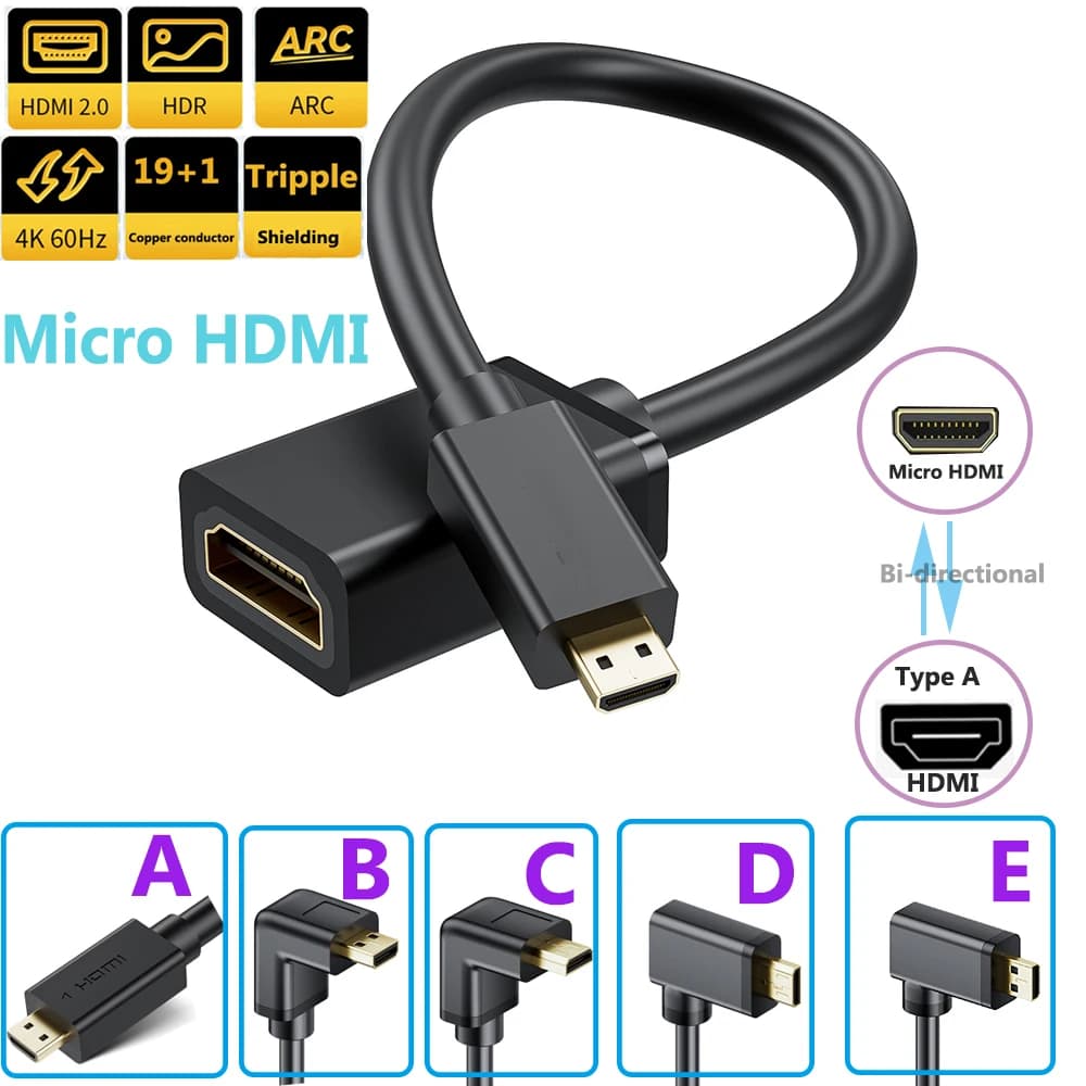 4K Micro HDMI to HDMI Cable Adapter Straight or 90 Degree Angled HDMI to Micro HDMI Adapter Cable 4K 60Hz HDMI 2.0 Micro HDMI