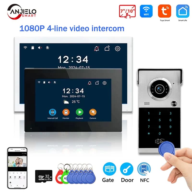 ANJIELO Videocitofono con campanello in metallo Touch screen da 10 pollici 4in1 Sblocco Romote Protezione di sicurezza Tuya Smart