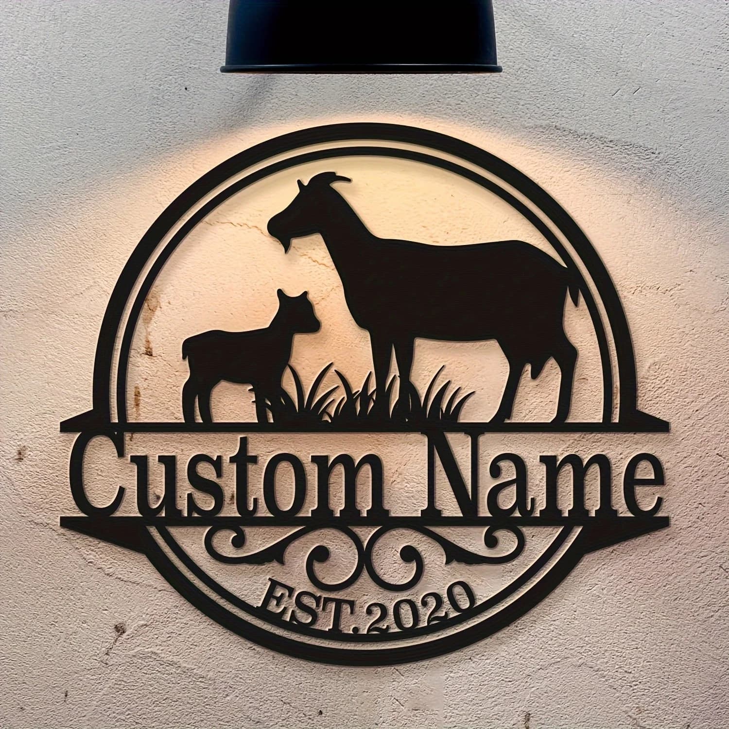 Decorazione da Parete Personalizzabile in Metallo Nero con Capra e Agnello, con Silhouette di Animali da Fattoria Personalizzabili, Adatta per