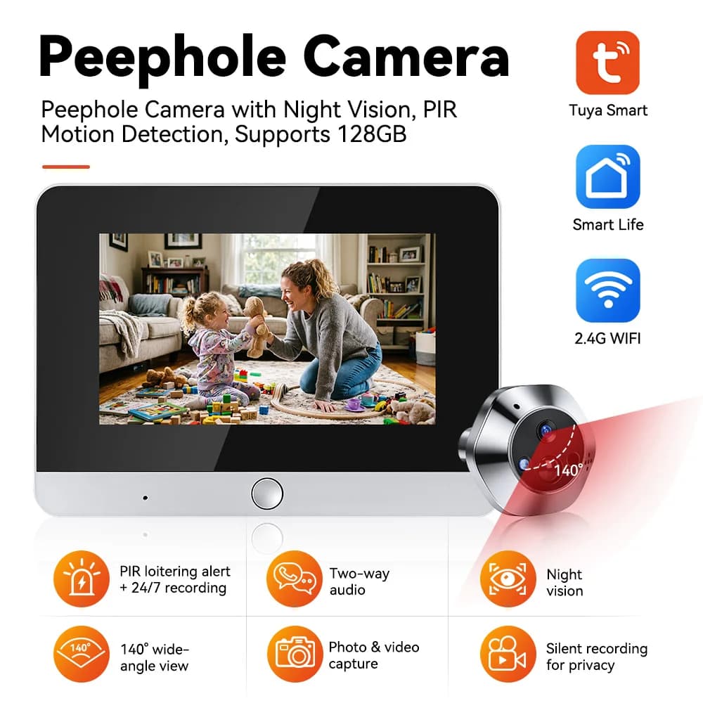 New 1080P HD Smart Tuya WiFi Peephole Doorbell 5 Inch Screen PIR Motion Night Vision Door Camera Two-Way Talk 10000mAh Battery