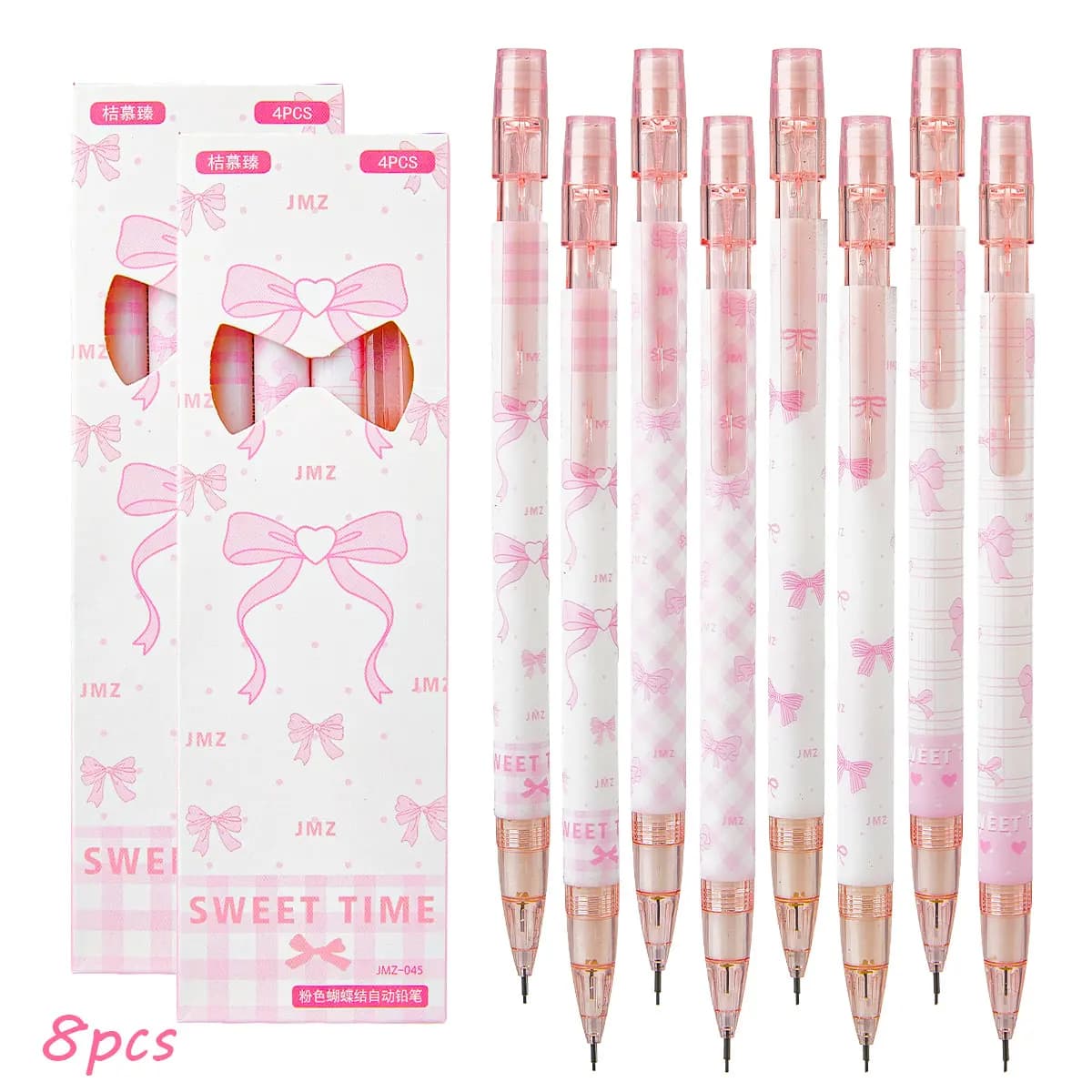 4/8PCS Pink Bow Mechanical Pencil Set 0.5mm Cute Kawaii Retractable Pencil School Office Supplies Smooth Writing