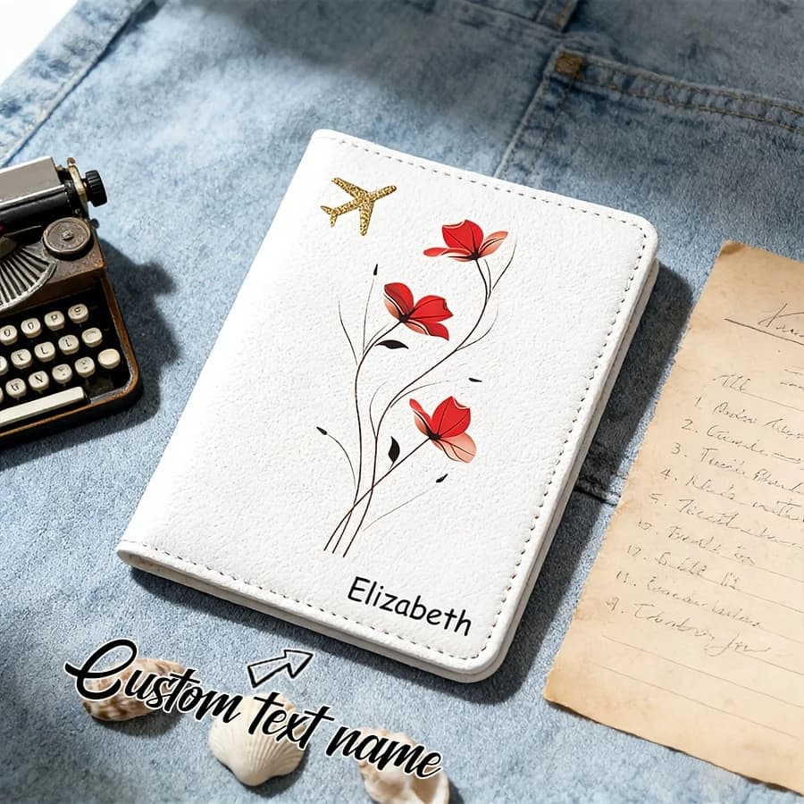A Stylish Customizable Name Passport Holder, Featuring a Simple Floral Pattern Design for Passport Organization.