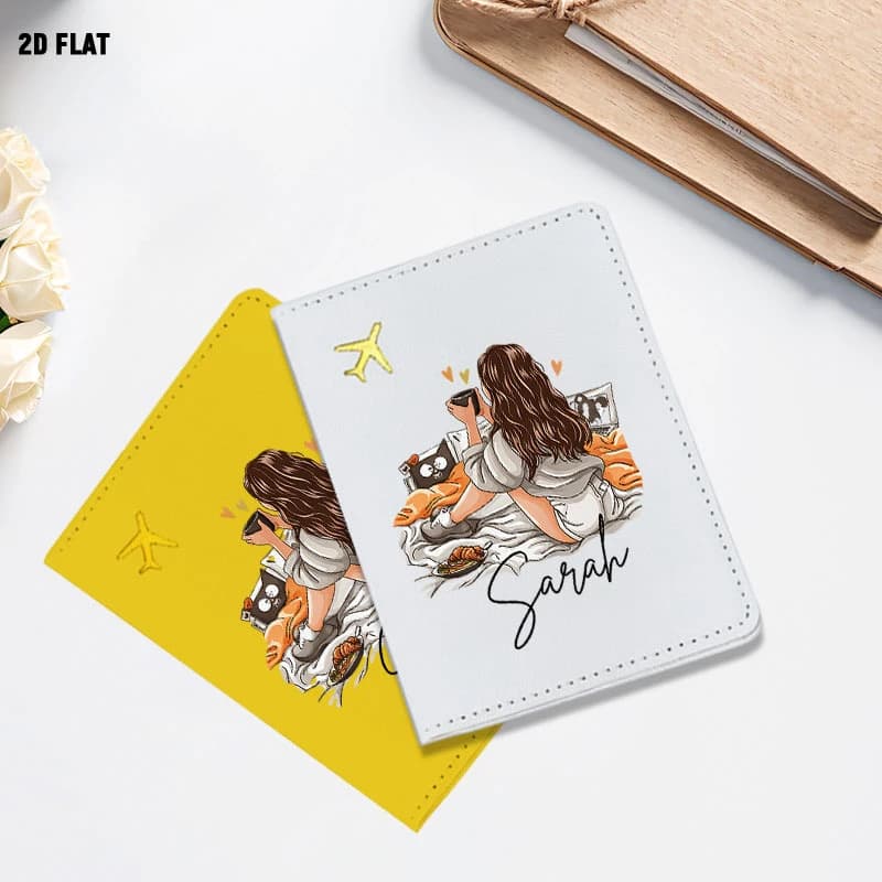 1pc Personalized Passport Holder Featuring a Girl And Cat with a Plane Design, Made Of. Adorable Cartoon-Style Travel Wallet