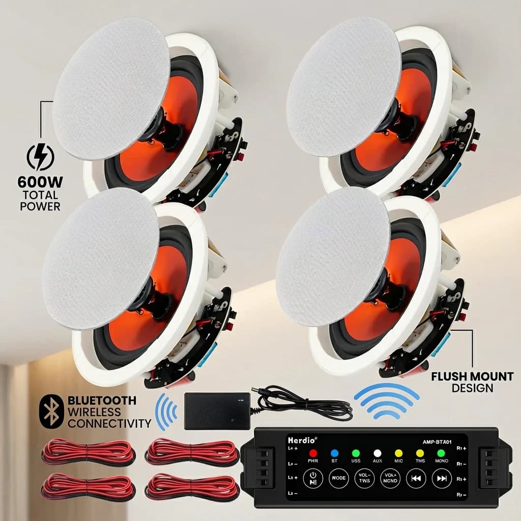 Herdio Altoparlanti da Soffitto Bluetooth 6.5\" 600W Sistema di Altoparlanti da Incasso per Interni, Cucina, Teatro, Camera da Letto, Ufficio e Patio