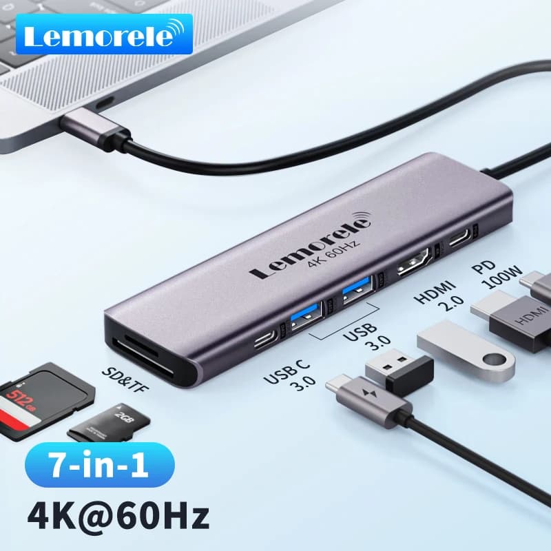 Lemorele 7in1 USB HUB Docking Station USB c Hub HDMI 4K 60Hz USB 3.0 Adattatore PD100W Carica per MacBook Pro Accessori per laptop