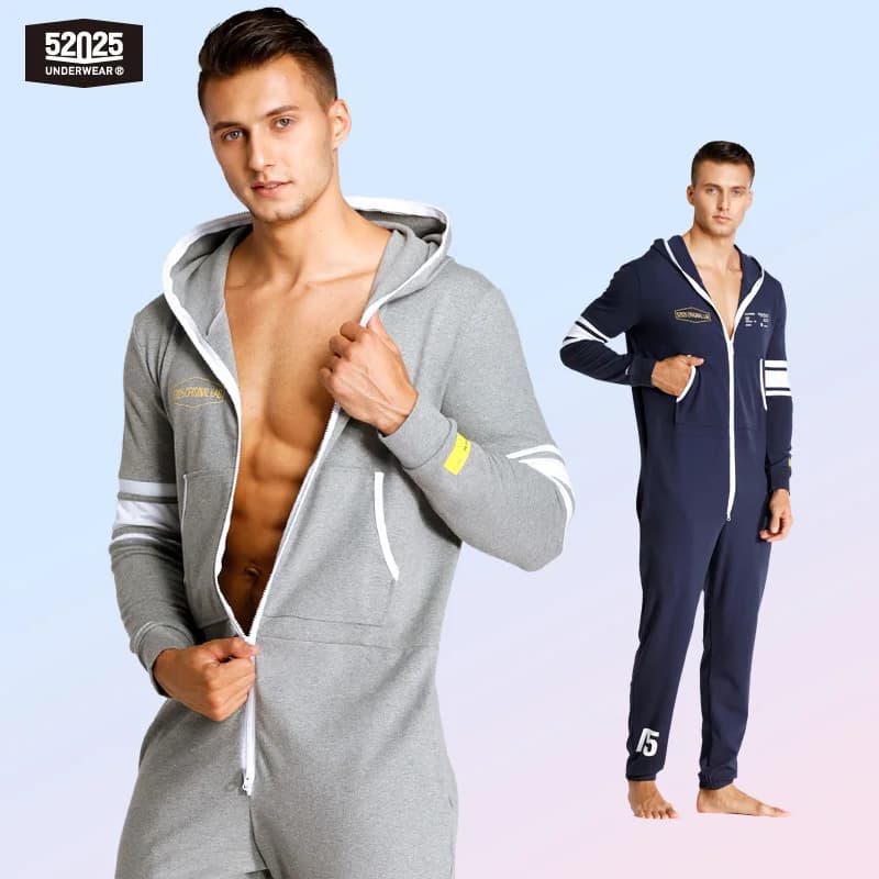 52025 Tuta da uomo con cappuccio – Pigiama intero in cotone, comoda tutina da uomo con cappuccio. Rilassa in stile e comfort