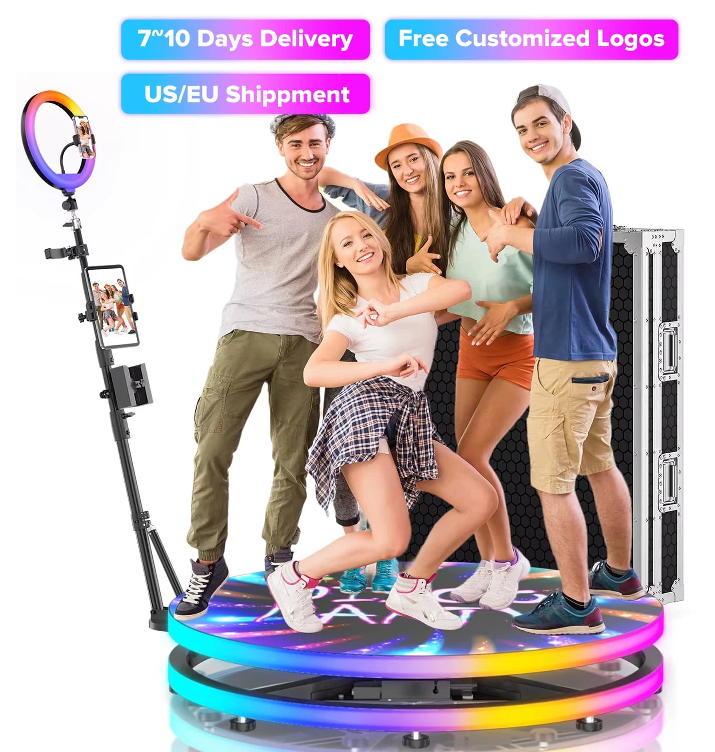 Cabina Fotografica 360 Gradi 60/80/100cm con Luce ad Anello RGB, Flight Case Portatile, Cabina Girevole 360 per Matrimoni, Feste ed Eventi a Noleggio