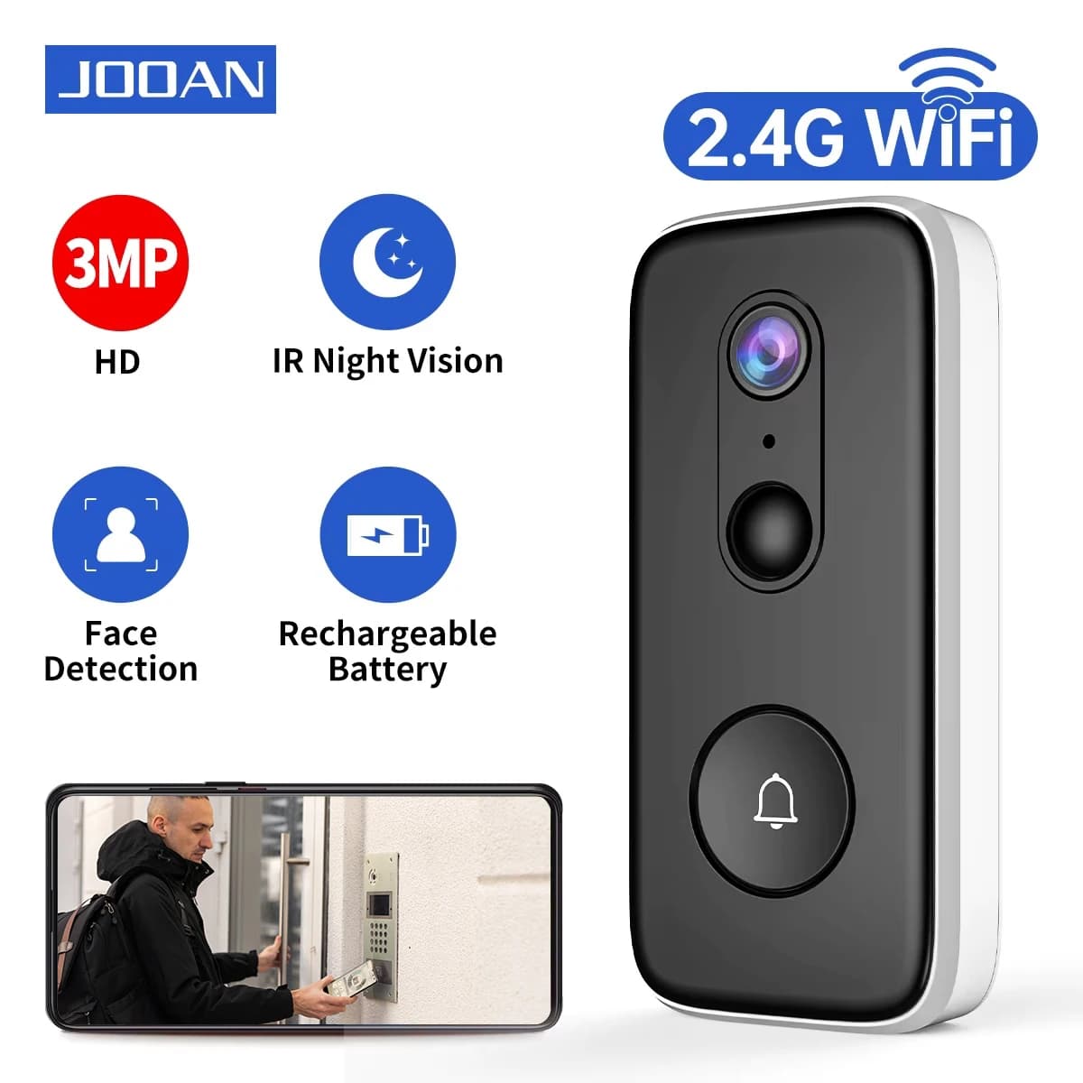 Jooan campanello con fotocamera 3MP 2.4G WiFi campanello Video telefono esterno campanello fotocamera rilevamento automatico batteria rilevatore di movimento PIR