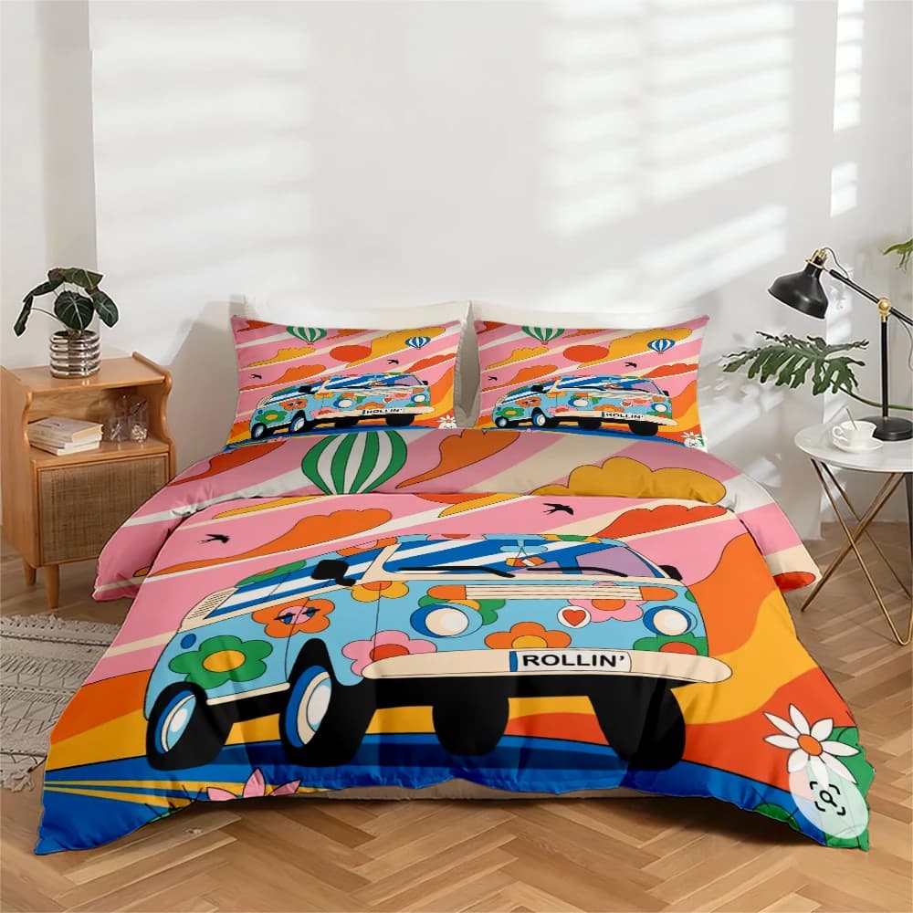 High-definition digital print bedding set with balloon pattern and vintage flowers, bedding set with large floral print, includes 1 headdress + 2 pillowcase, suitable for bedroom, guest room, home decoration, set headdress + polyester fiber pillowcase, set three pieces, ultra soft bed linen, thick fabric, suitable for all seasons, washing machine parts