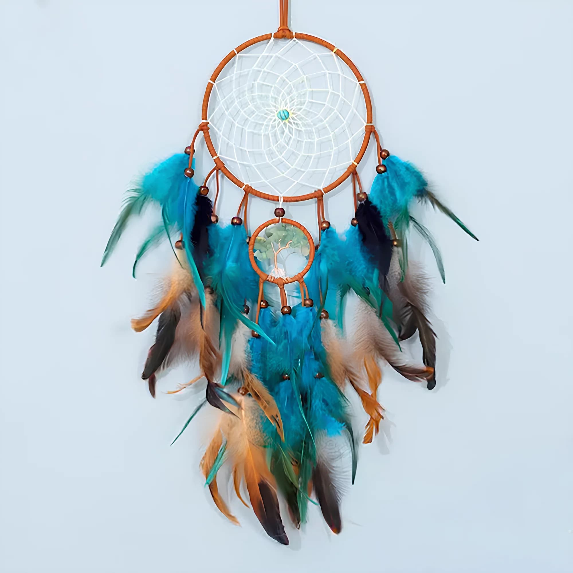1pc Blue-Green Tree of Life Dreamcatcher – Faux Feather Boho Wall Hanging, Handmade Crochet Style Decoration for Bedroom, Living