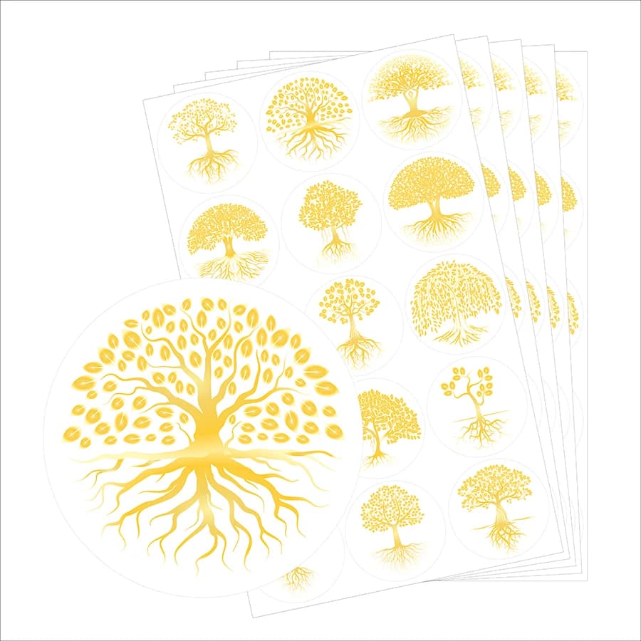 75 adesivi trasparenti dorati dell'albero della vita, rotondi da 1,5", 15 disegni, lamina d'oro, PVC lucido, per telefono, ufficiale, tazza, ceramica
