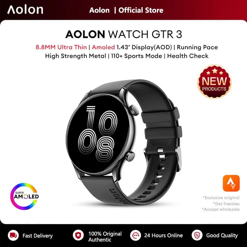 Aolon GTR3 Smart Watch 8.8mm Ultra-Thin 1.43" AOD AMOLED Bluetooth Call IP68 Waterproof 110+Sports Fitness Tracker For Men Women