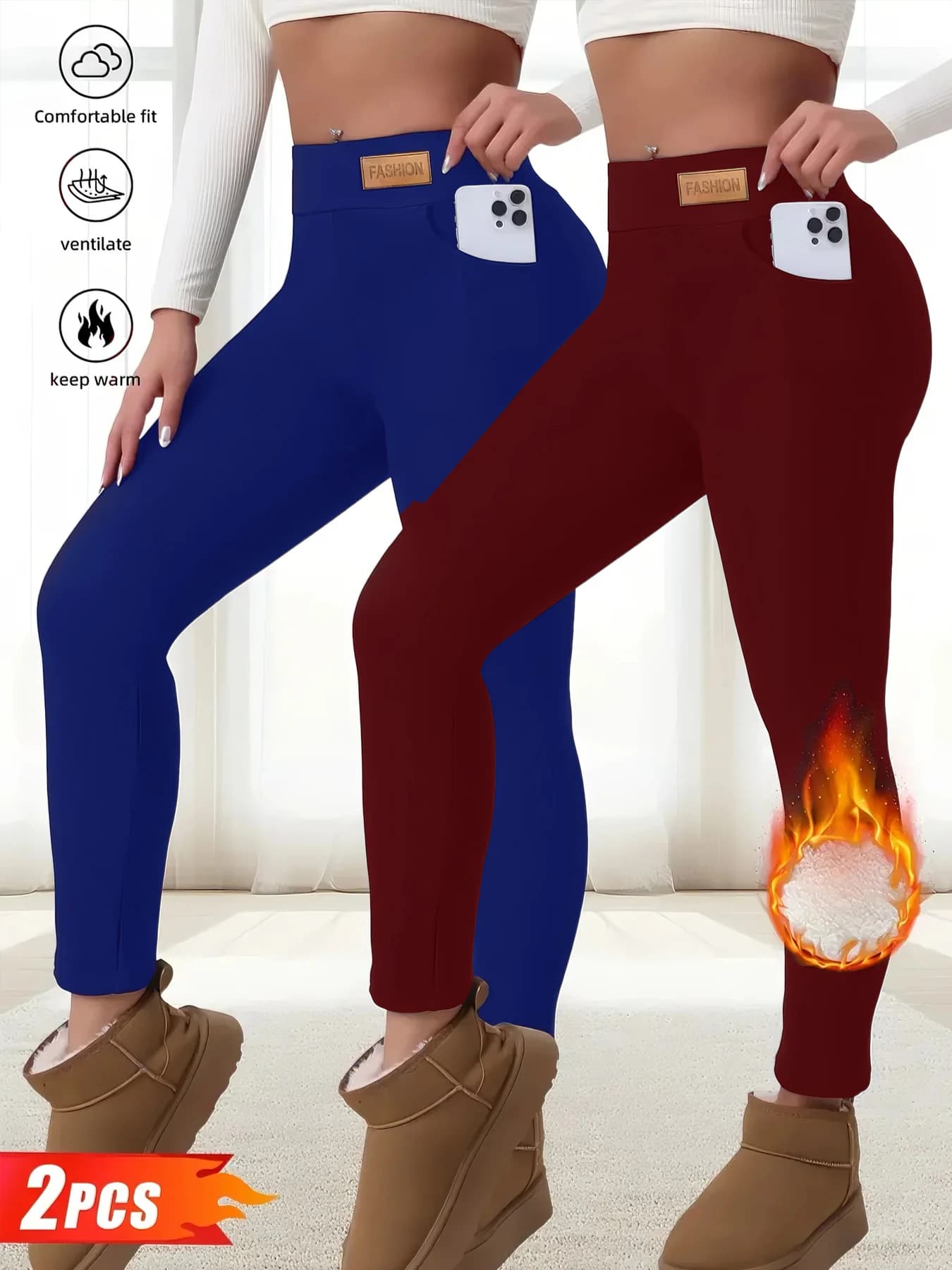 Confezione da 2 leggings in pile termico da donna (rosso e blu) Pantaloni da yoga a vita alta con controllo della pancia, leggings termici foderati in pile per lo yoga