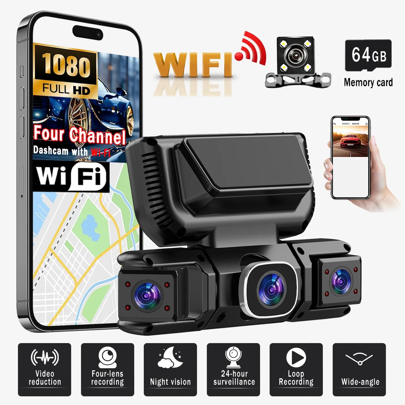 Dashcam HD 1080P with 360° view Full cover with four integrated front and rear cameras. Equipped with infrared night vision