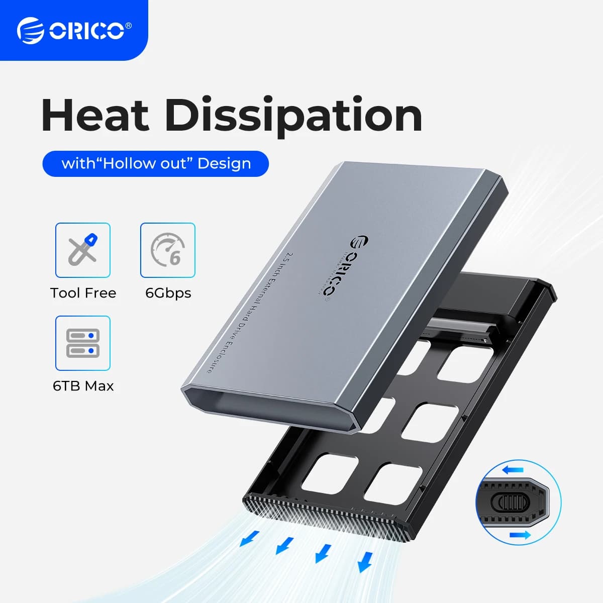 Custodia per HDD esterno di tipo C da 2.5 "ORICO custodia per disco rigido da 5Gbps Design in lega di alluminio e dissipazione del calore in ABS per stile Macbook