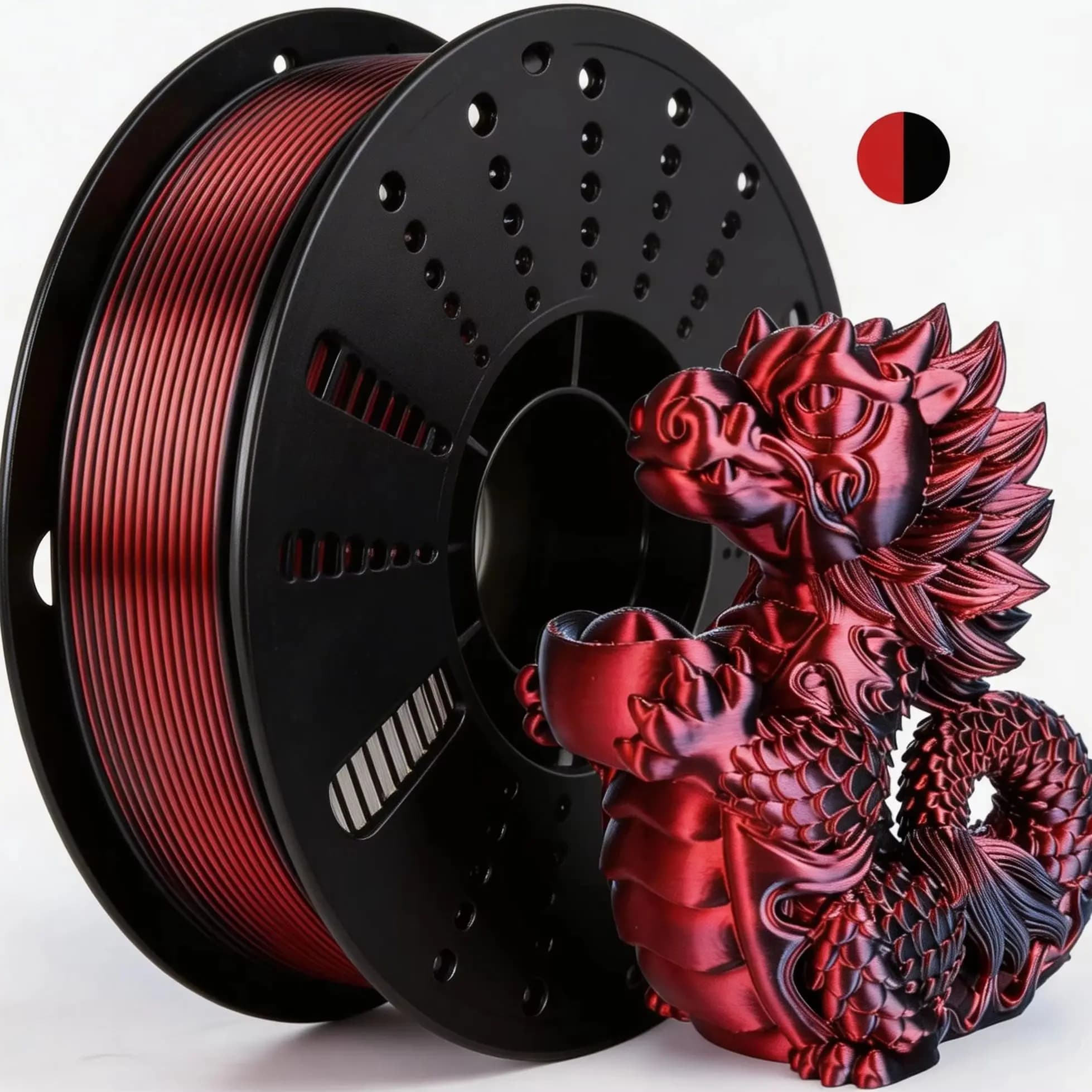 Filamento PLA Seta 1.75mm, Filamento per Stampante 3D a Doppia Coestrusione Bicolore Seta Nero Rosso PLA Cambia Colore, 1kg