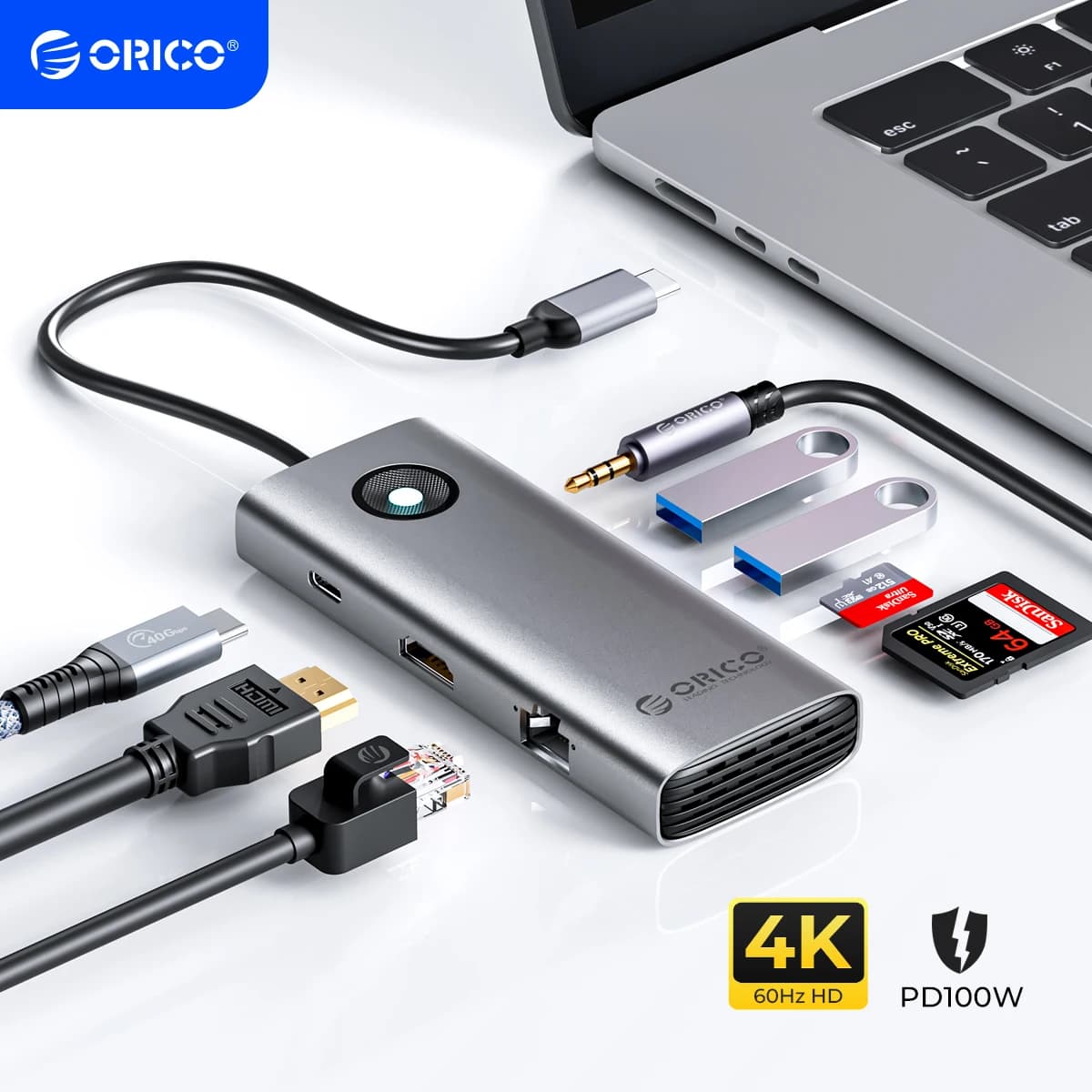 ORICO HUB USB 3.0 a 6 porte Compatibile con HDMI 4K60Hz Docking PD100W Hub Adattatore RJ45 Splitter per MacBook Mate Tipo C Docking Station
