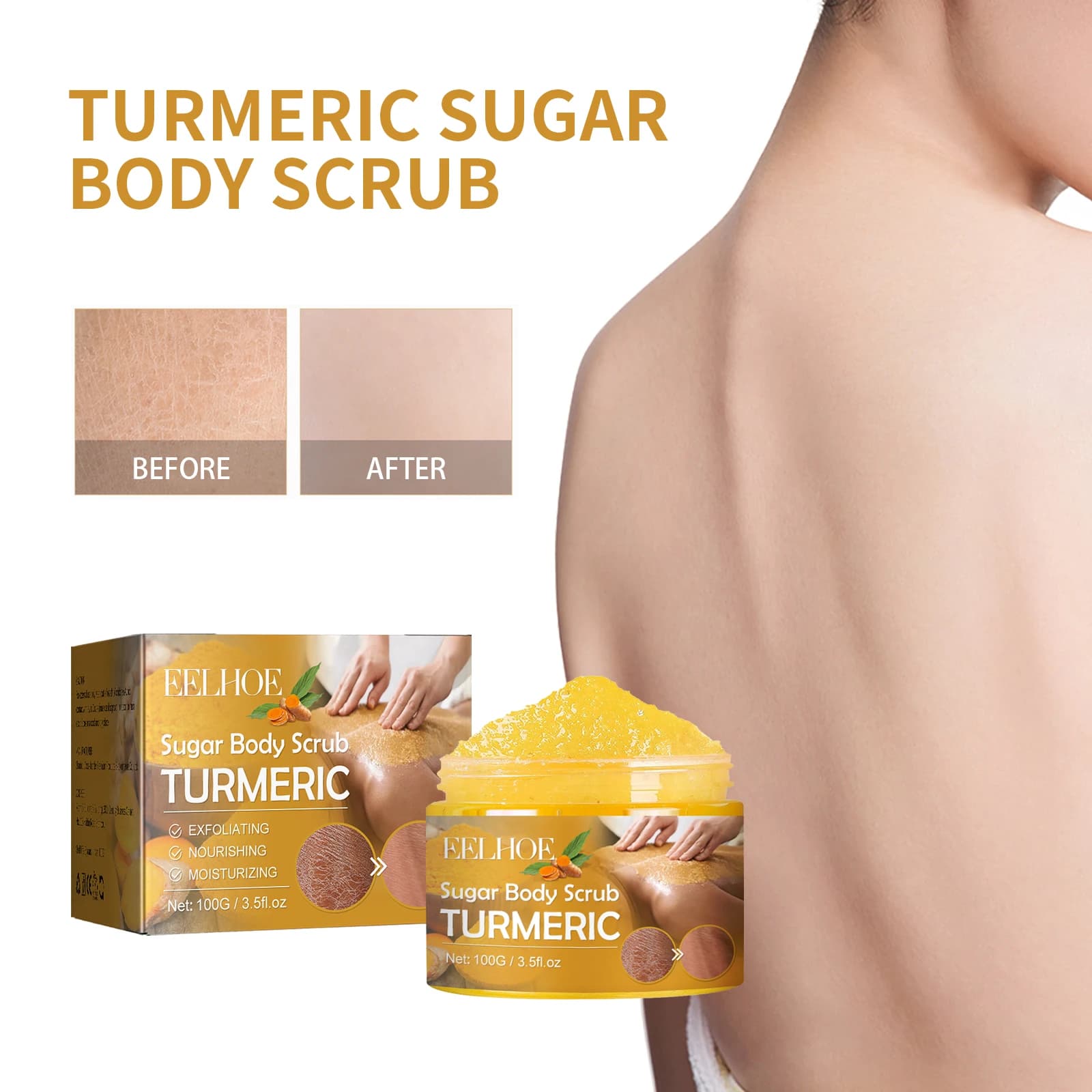 EELHOE Scrub Sugar Body and Curcuma 100g Hydrating Nutrient Exfoliating for a Soft Skin and Lyscia Daily Use Delicate Formula