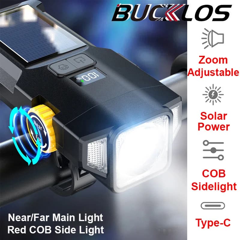 Luce per bici a energia solare Zoom rotante Faro per bicicletta Lampada frontale per ciclismo ricaricabile tramite USB Torcia per bicicletta super luminosa