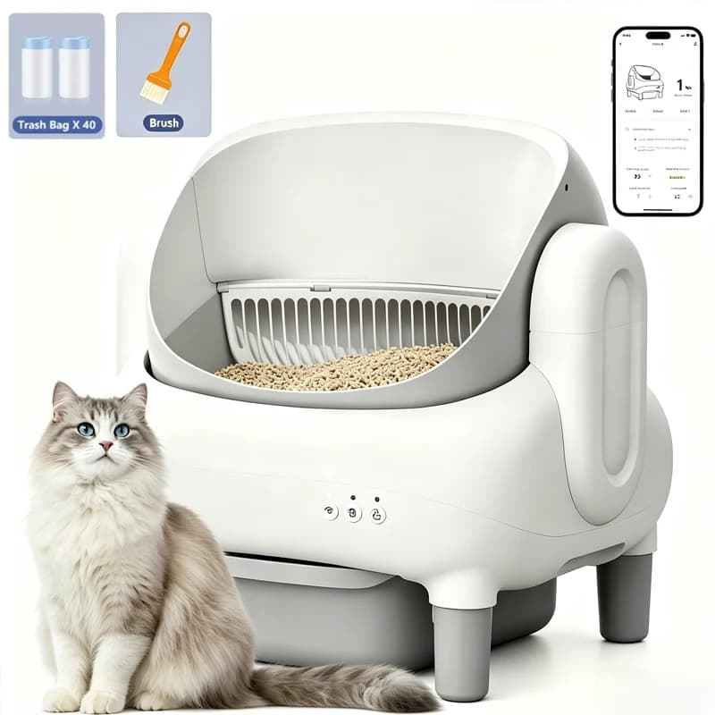 Lettiera autopulente automatica per gatti con controllo tramite APP, senza odori, contenitore grande con sacchetti per rifiuti, spazzole e aromaterapia
