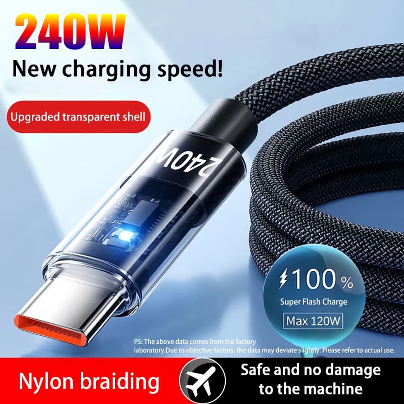 Cavo di ricarica super veloce USB Type C in nylon da 240W con display digitale LED Honor, cavo dati USB C per Samsung Xiaomi Huawei