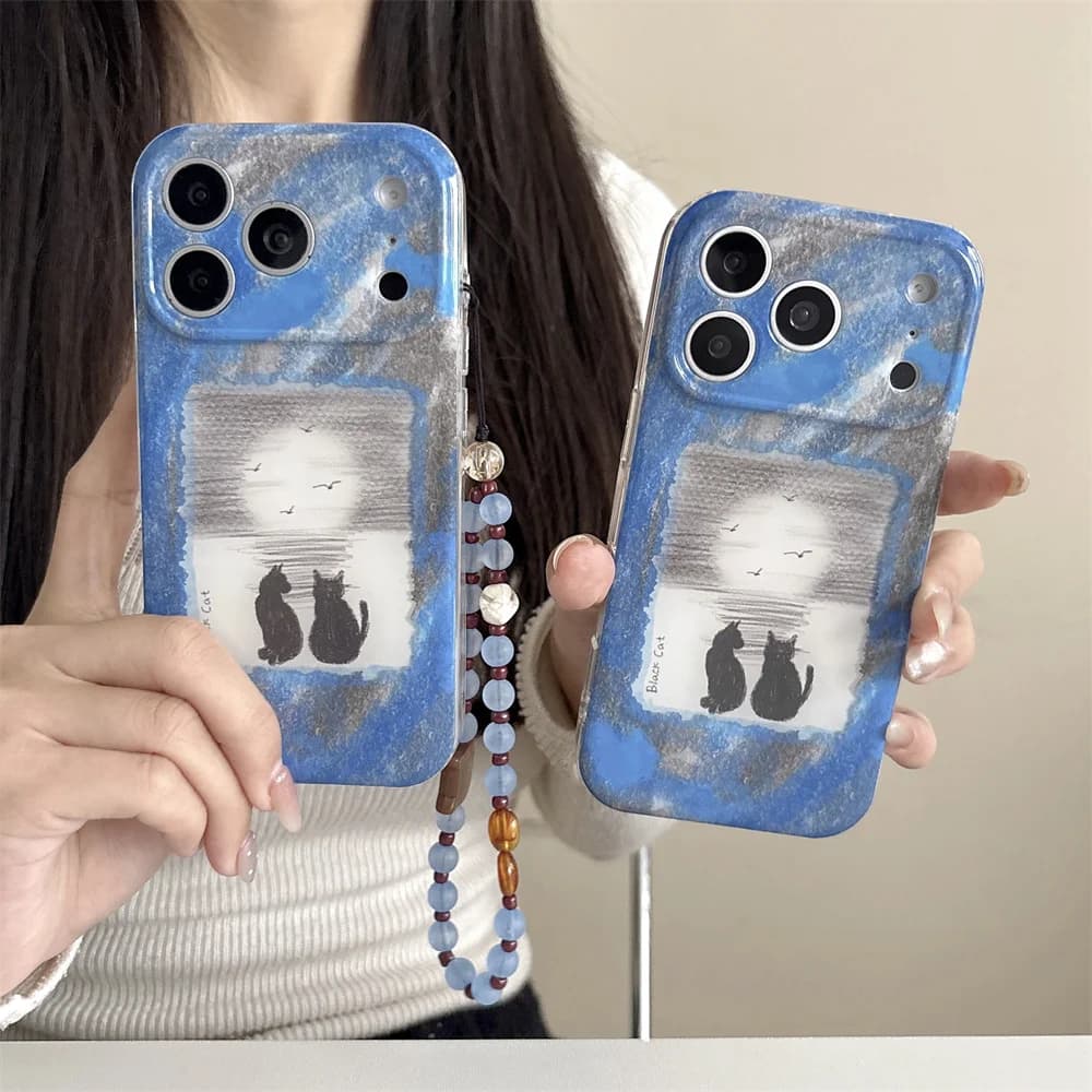 Custodia per telefono coreana INS nera con gatto carino per iPhone 15 Pro 14 13 17 Max 16 Pro Max, cover a fumetti con catena di protezione