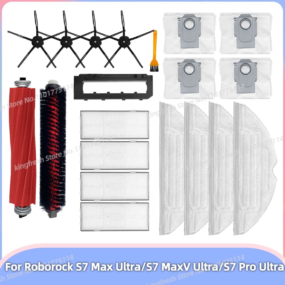 Compatibile con Roborock S7 Max Ultra / S7 MaxV Ultra / S7 MaxV Plus / S7 Pro Ultra Parti: Rullo Principale, Spazzola Laterale, Filtro HEPA, Panno per Pulizia, Sacchetto per la Polvere