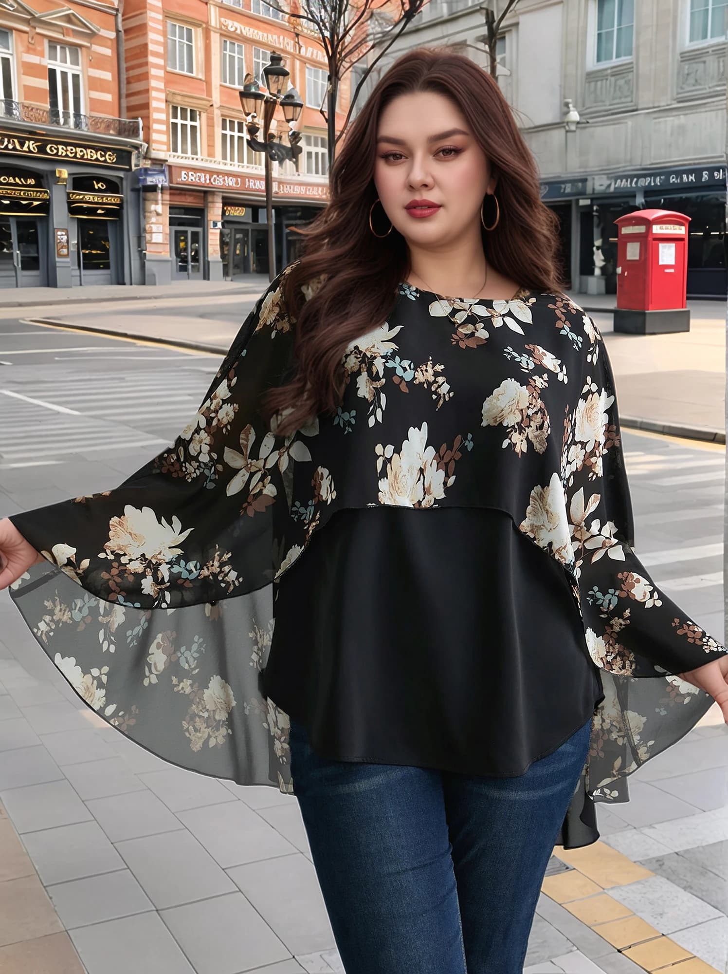 Top stampato con maniche a mantella a strati tinta unita da donna taglie forti, t-shirt stampata versatile con scollo tondo, adatto per l'estate casual We
