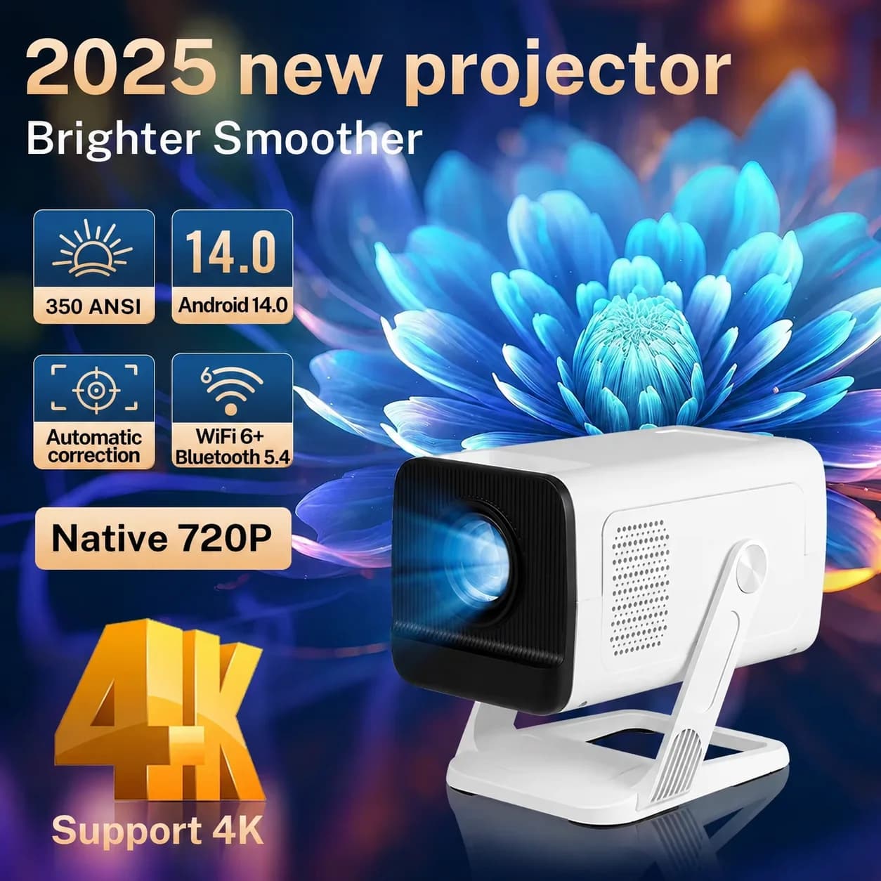 Mini 1080P/4K projector supported, WiFi 6 and Bluetooth 5.4, portable Android short-range TV portable projector for outdoor films Home Theater
