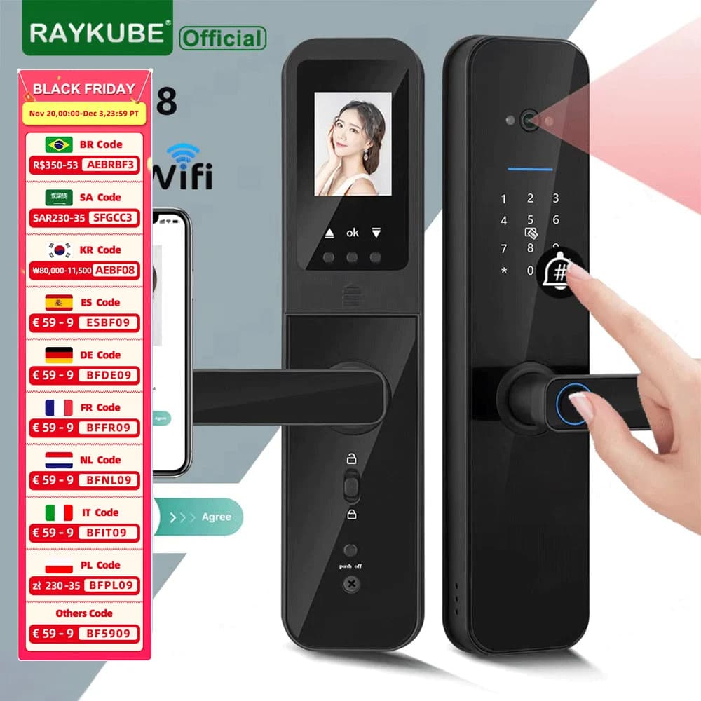 RAYKUBE F008 Tuya Wifi spioncino telecamera HD impronta digitale serratura intelligente digitale con campanello gateway integrato APP sblocco remoto