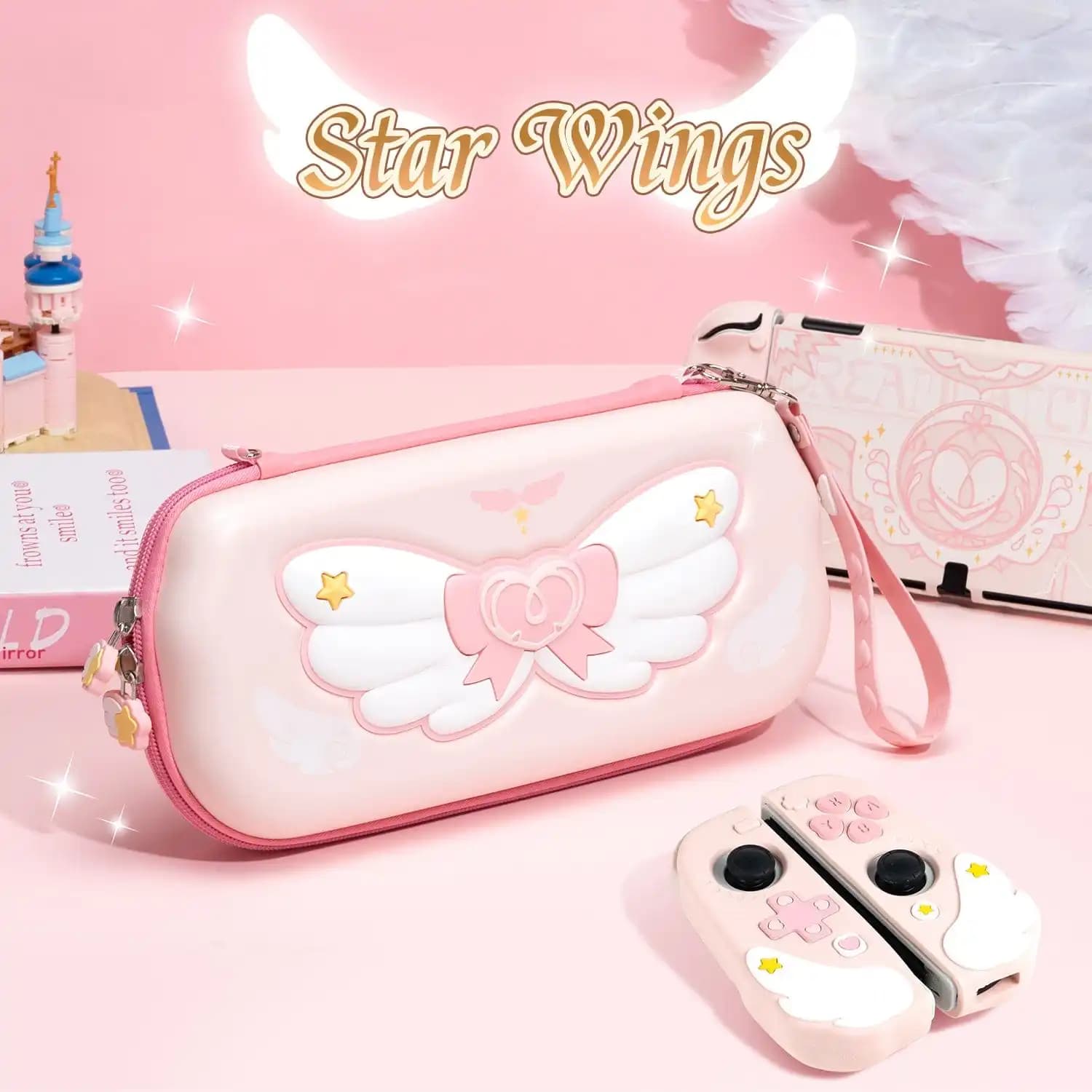 Custodia GeekShare Star Wings per Nintendo Switch 2017/OLED, Borsa da Viaggio Rigida Portatile Sottile Rosa