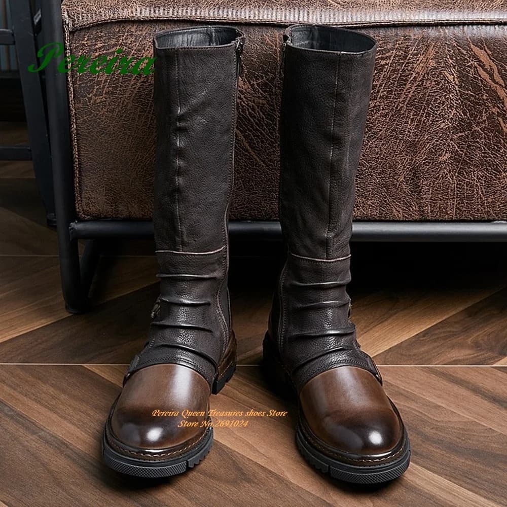 Scarpe casual in pelle invernali da uomo Stivali rialzati pieghettati con cuciture vintage marroni Fibbia Punta tonda Scarpe alte da uomo al ginocchio Plus