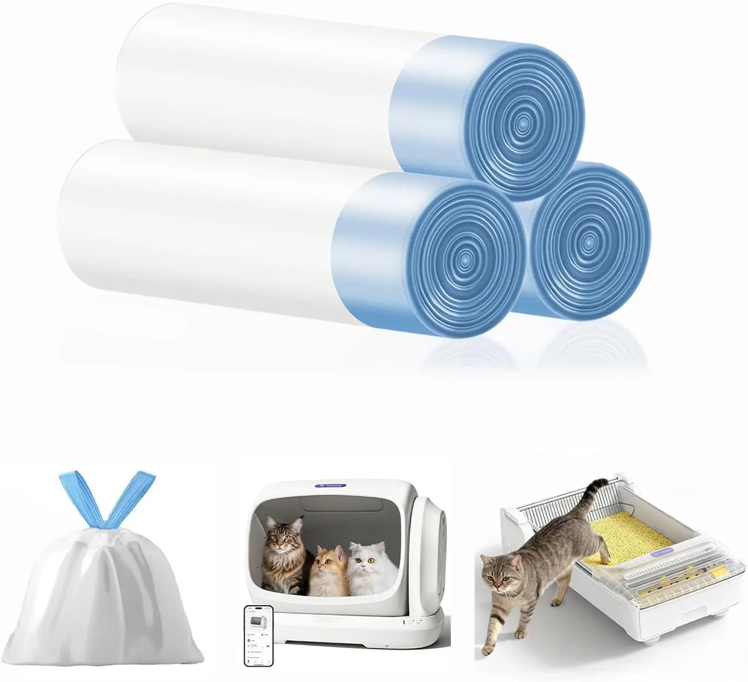 Cat Litter Bags, 60 Pack Durable Drawstring Litter Box Liners for Robotail C32/C42 Self Cleaning Cat Litter Box, Replacement bags for Self-Cleaning Litter Boxes - 3 Rolls