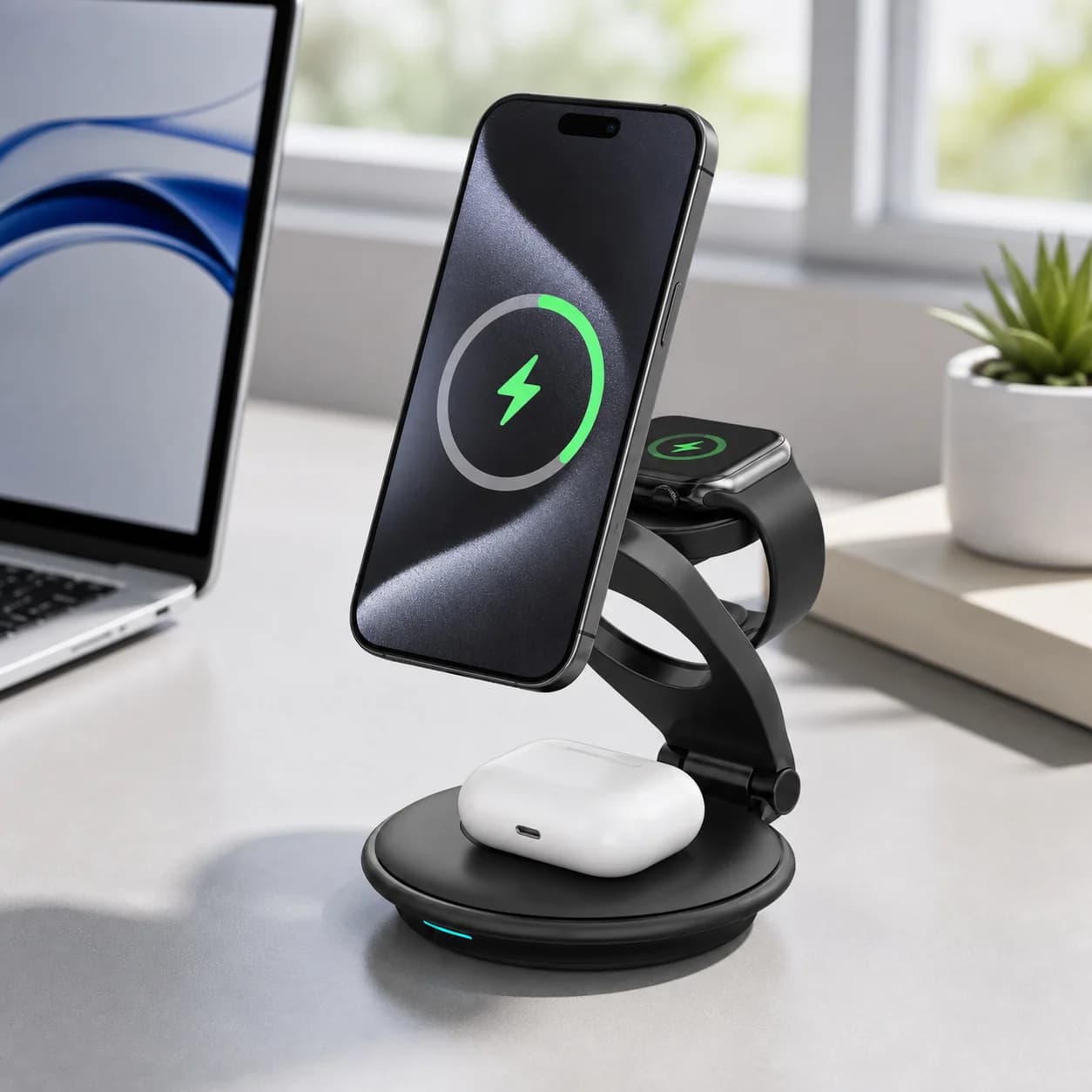3-in-1 Foldable Wireless Charger, Portable Compact Magnetic Charging Stand for Phone, Earbuds and Smart Watch