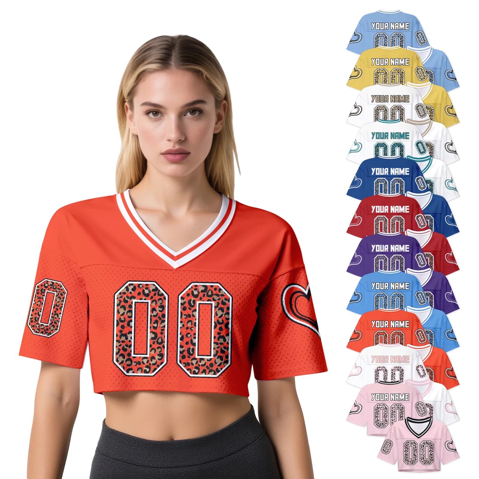 Maglia da Calcio Personalizzata da Donna, Stampa Leopardata e Design a Cuore, Nome e Numero Personalizzabili, Top Casual a Maniche Corte