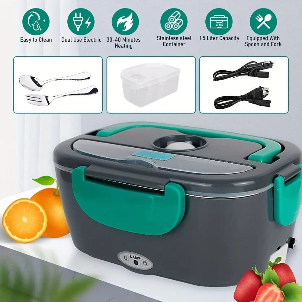 Scaldavivande Elettrico da 1,5L per Auto e Casa, Contenitore Riscaldato in Acciaio Inox 110V/12V/24V con Borsa e Forchetta